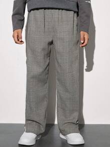 SHEIN Tween Boy Plaid Print Letter Patched Slant Pocket Pants - Grey - View 5