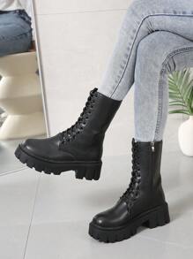 女士繫帶側拉鏈馬丁靴,時尚戶外黑色靴子 - 黑色 - 查看 1