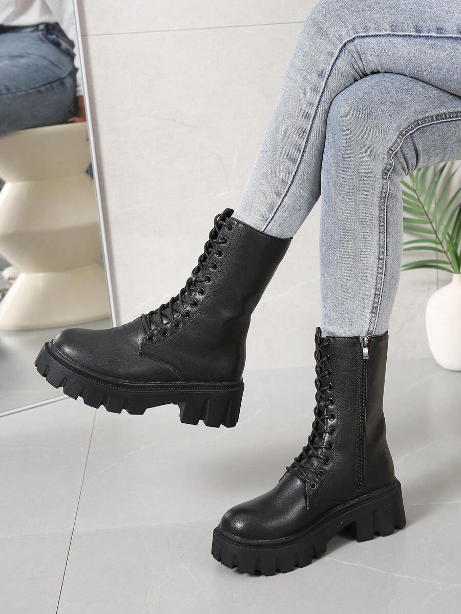 女士繫帶側拉鏈馬丁靴,時尚戶外黑色靴子 - 黑色 - 查看 1