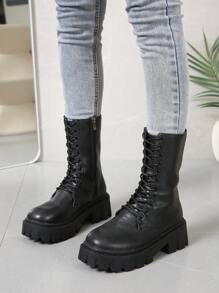 女士繫帶側拉鏈馬丁靴,時尚戶外黑色靴子 - 黑色 - 查看 3