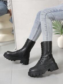 女士繫帶側拉鏈馬丁靴,時尚戶外黑色靴子 - 黑色 - 查看 5