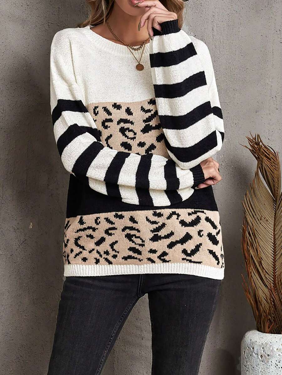 CILKOO Leopard Pattern Drop Shoulder Jumper - Multicolor - View 1