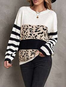 CILKOO Leopard Pattern Drop Shoulder Jumper - Multicolor - View 3