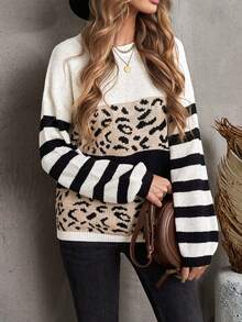 CILKOO Leopard Pattern Drop Shoulder Jumper - Multicolor - View 5