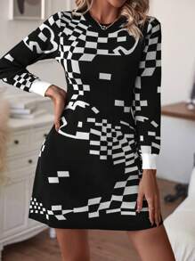 Knit Mix 幾何圖案毛衣洋裝 - 黑與白 - 查看 1
