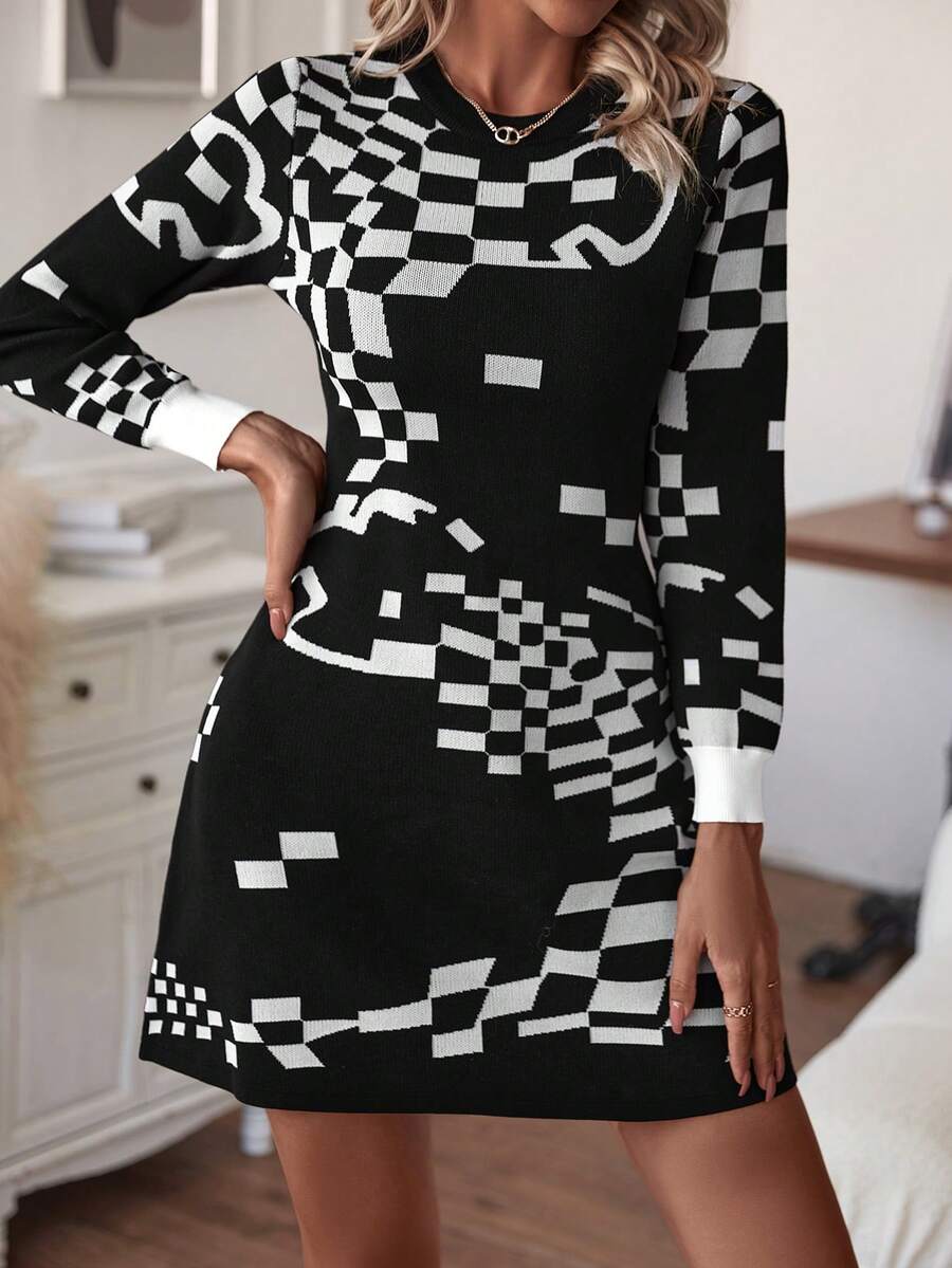 Knit Mix 幾何圖案毛衣洋裝 - 黑與白 - 查看 1