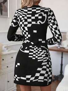 Knit Mix 幾何圖案毛衣洋裝 - 黑與白 - 查看 2