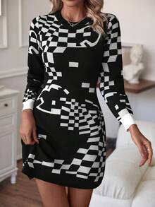 Knit Mix 幾何圖案毛衣洋裝 - 黑與白 - 查看 4