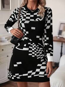 Knit Mix 幾何圖案毛衣洋裝 - 黑與白 - 查看 7