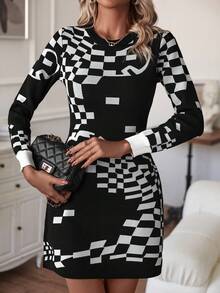 Knit Mix 幾何圖案毛衣洋裝 - 黑與白 - 查看 8