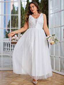 Simplee Hơn Lưới tương phản Váy dự tiệc - trắng - Xem 4