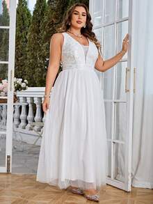 Simplee Hơn Lưới tương phản Váy dự tiệc - trắng - Xem 5