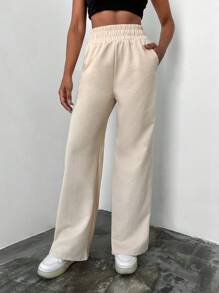 SHEIN Cottnline Solid Elastic Waist Joggers - Apricot - View 3