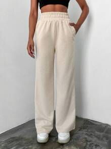 SHEIN Cottnline Solid Elastic Waist Joggers - Apricot - View 4