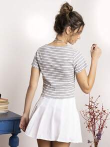 SHE(IN) BRASIL 條紋印花V領T恤 - 淺灰色 - 查看 2