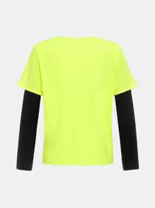 SHEIN 男大童人像圖案二合一活躍T恤 - 綠色 - 查看 4