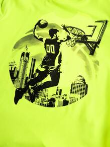 SHEIN 男大童人像圖案二合一活躍T恤 - 綠色 - 查看 6