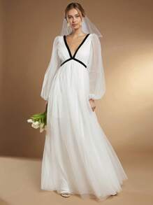 SHEIN Belle Contrast Tape Mesh Overlay Maxi Wedding Dress Without Veil - White - View 3