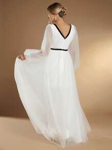 SHEIN Belle Contrast Tape Mesh Overlay Maxi Wedding Dress Without Veil - White - View 2