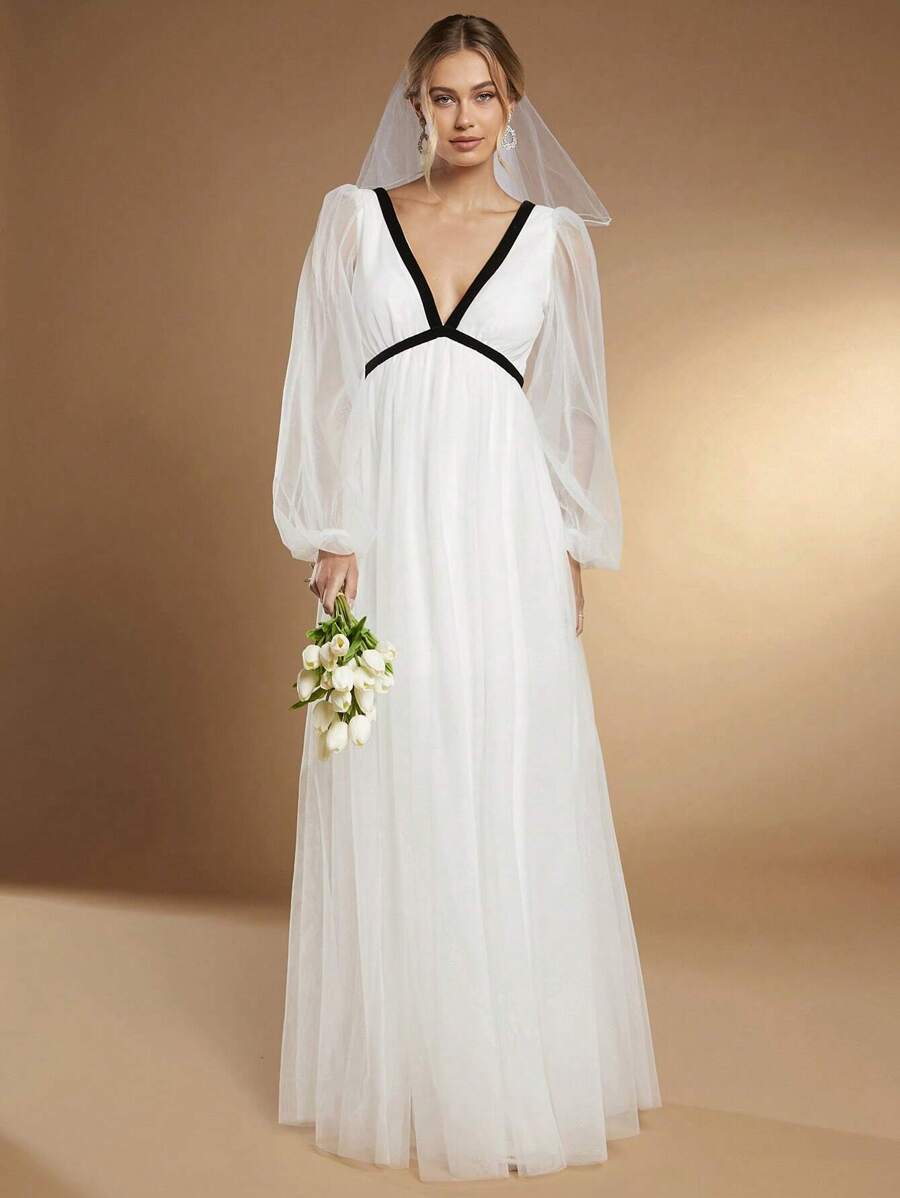 SHEIN Belle Contrast Tape Mesh Overlay Maxi Wedding Dress Without Veil - White - View 1