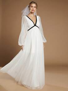 SHEIN Belle Contrast Tape Mesh Overlay Maxi Wedding Dress Without Veil - White - View 5