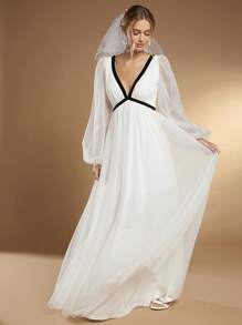 SHEIN Belle Contrast Tape Mesh Overlay Maxi Wedding Dress Without Veil - White - View 6