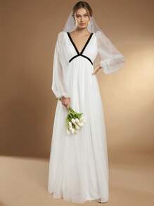 SHEIN Belle Contrast Tape Mesh Overlay Maxi Wedding Dress Without Veil - White - View 4