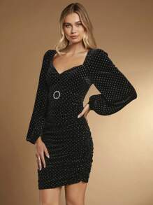 SHEIN Belle Rhinestone Detail Lantern Sleeve Ruched Belted Velvet Bodycon Dress
