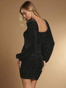 SHEIN Belle Rhinestone Detail Lantern Sleeve Ruched Belted Velvet Bodycon Dress