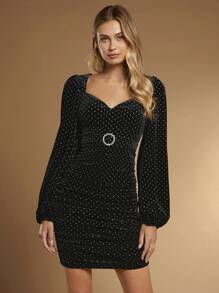 SHEIN Belle Rhinestone Detail Lantern Sleeve Ruched Belted Velvet Bodycon Dress