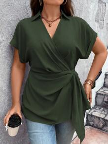 Vionelle Plus Solid Wrap Knot Side Batwing Sleeve Blouse Women Blouse - Army Green - View 1