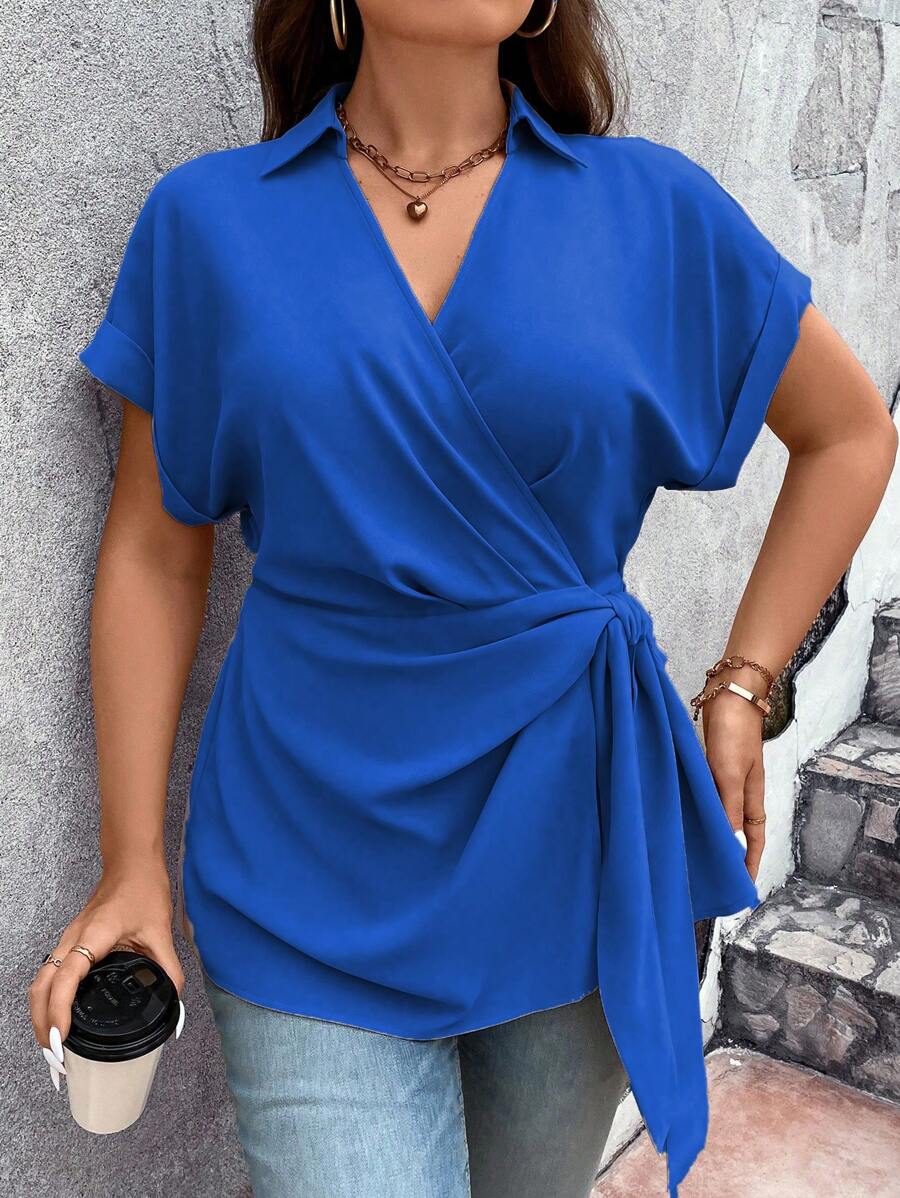 Calvaya Plus Solid Wrap Knot Side Batwing Sleeve Blouse - Royal Blue - View 1