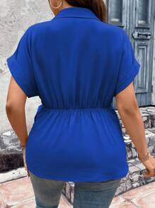 Calvaya Plus Solid Wrap Knot Side Batwing Sleeve Blouse - Royal Blue - View 2