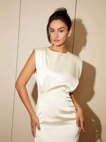 素色緞面緊身連衣裙 - 香檳色 - 查看 5