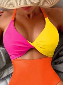 SHEIN Swim Bãi biển mùa hè Colorblock Twist Front Halter Bộ đồ tắm một mảnh - trái cam - Xem 3