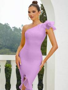One Shoulder Frill Trim Asymmetrical Hem Party Dress - Purple - View 3
