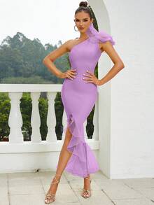 One Shoulder Frill Trim Asymmetrical Hem Party Dress - Purple - View 8