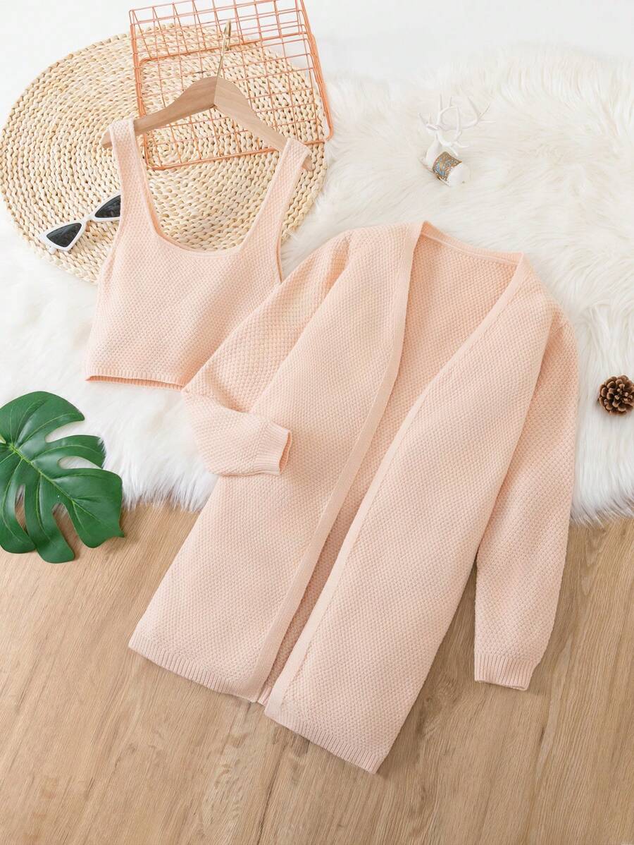 SHEIN Tween Girl Solid Ribbed Knit Duster Cardigan & Knit Top - Pink - View 1