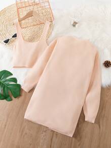 SHEIN Tween Girl Solid Ribbed Knit Duster Cardigan & Knit Top - Pink - View 2