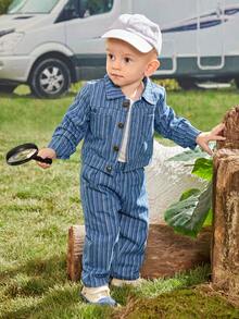 2 件套男婴休闲街头风格牛仔效果领长袖夹克和长裤秋冬装 - 藍色 - 查看 7