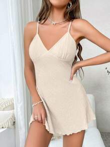 Solid Lettuce Trim Cami Nightdress - Beige - View 1