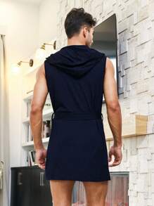 男士素色連帽附腰帶睡袍