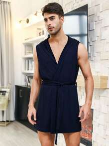 男士素色連帽附腰帶睡袍