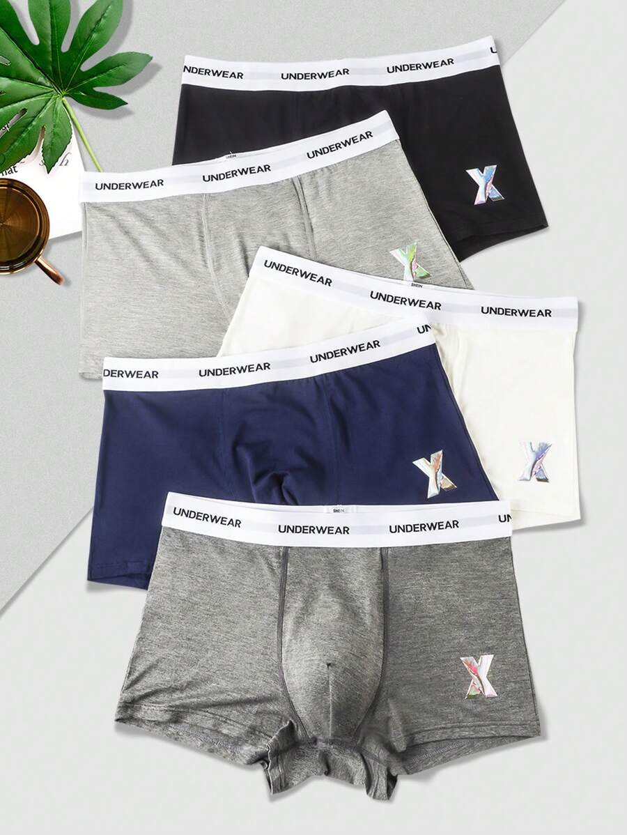 Men 5pcs Letter Graphic Contrast Tape Boxer Brief - Multicolor - View 1