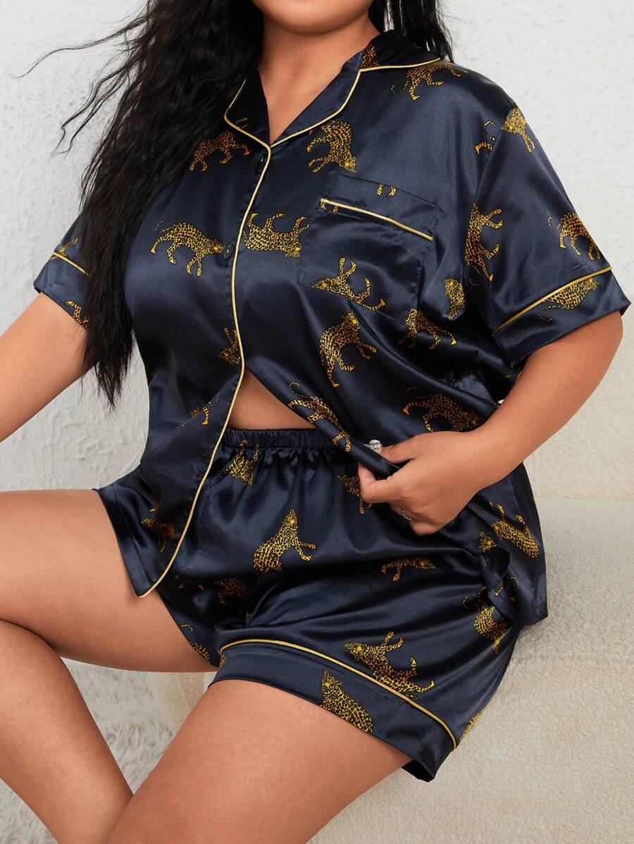 Plus Leopard Animal Print Contrast Piping Satin PJ Set / Pajama Set