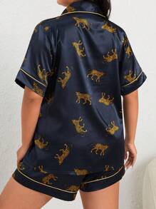 Plus Leopard Animal Print Contrast Piping Satin PJ Set / Pajama Set