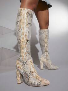 SHUZIA Snakeskin Print Pointy Toe Chunky Heeled Boots Summer Shoes Spring Shoes Spring Break Easter Mother's Day Present - Multicolor - View 5