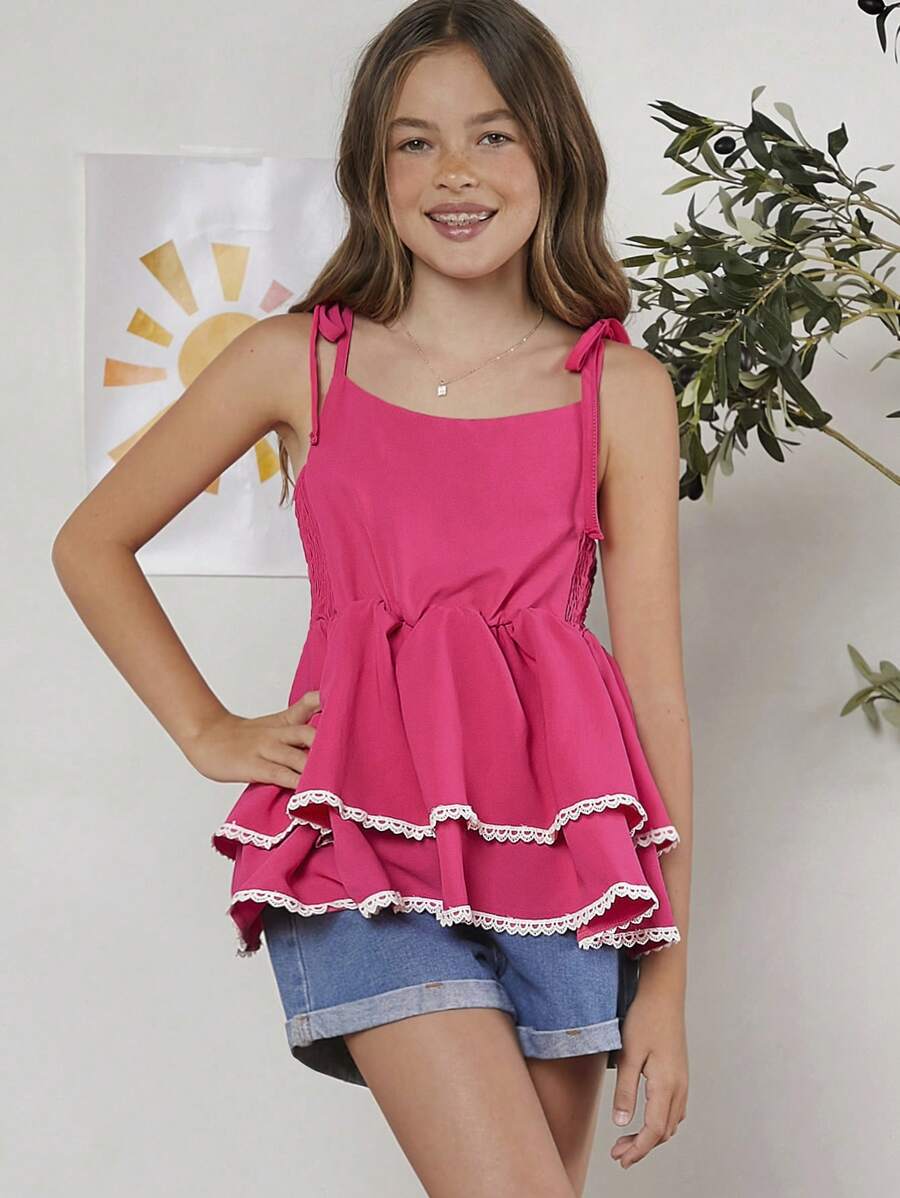Tween Girl Tie Shoulder Lace Trim Ruffle Hem Cami Top - Hot Pink - View 1