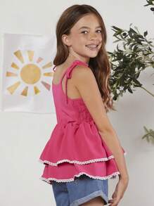 Tween Girl Tie Shoulder Lace Trim Ruffle Hem Cami Top - Hot Pink - View 2