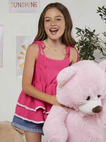Tween Girl Tie Shoulder Lace Trim Ruffle Hem Cami Top - Hot Pink - View 4